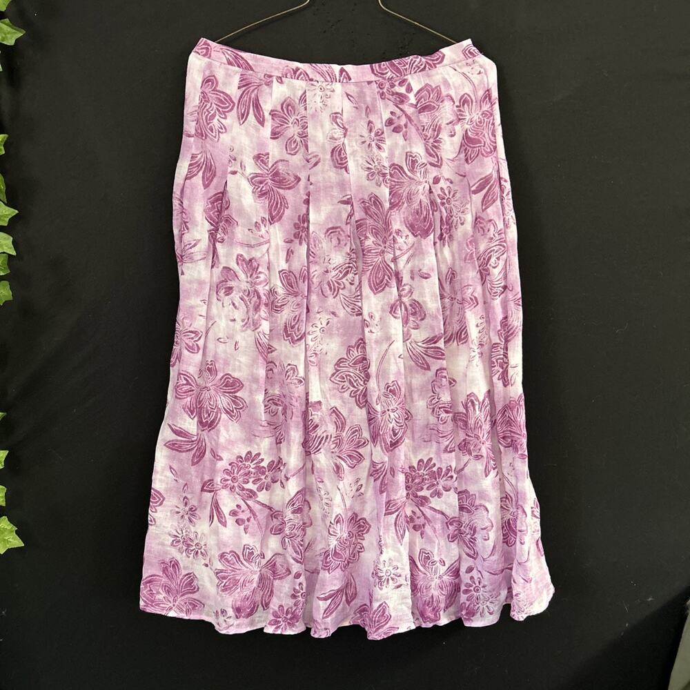 J. Jill Purple White Floral Pleated 100% Linen Midi Skirt Lined Size 10